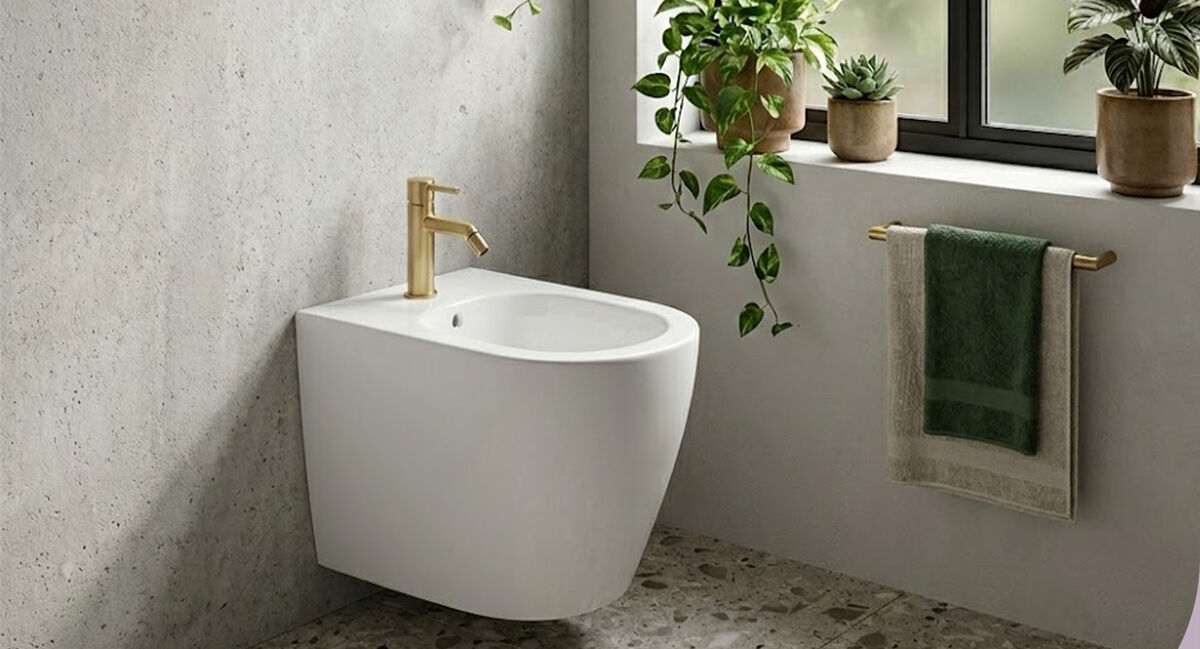 Bidé Ceramibath en acabado blanco, baño luminoso con plantas