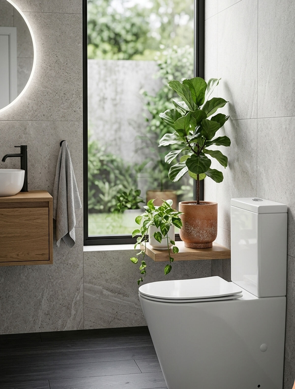 Baño con inodoro Ceramibath, planta y luz natural