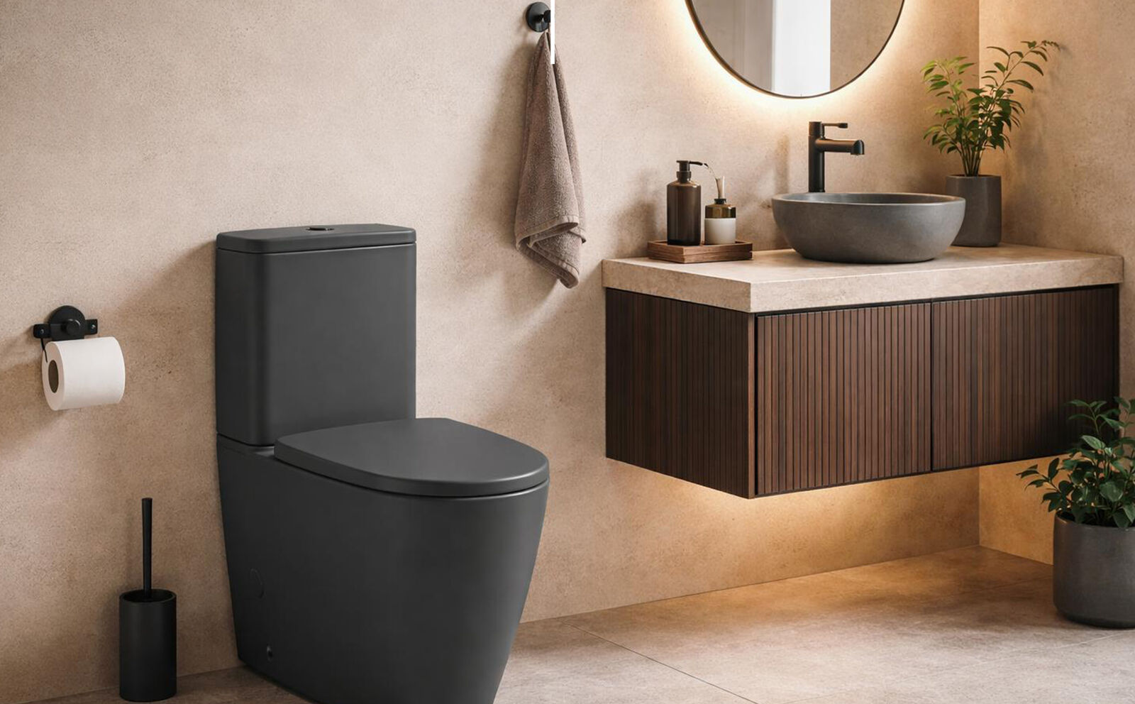 Baño moderno con inodoro y mueble de lavabo Ceramibath en tonos oscuros