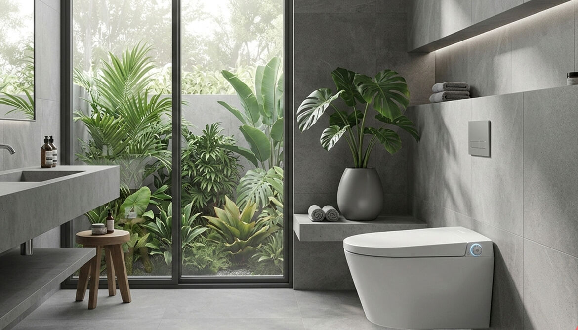 Inodoro inteligente Ceramibath de suelo en baño con vegetación
